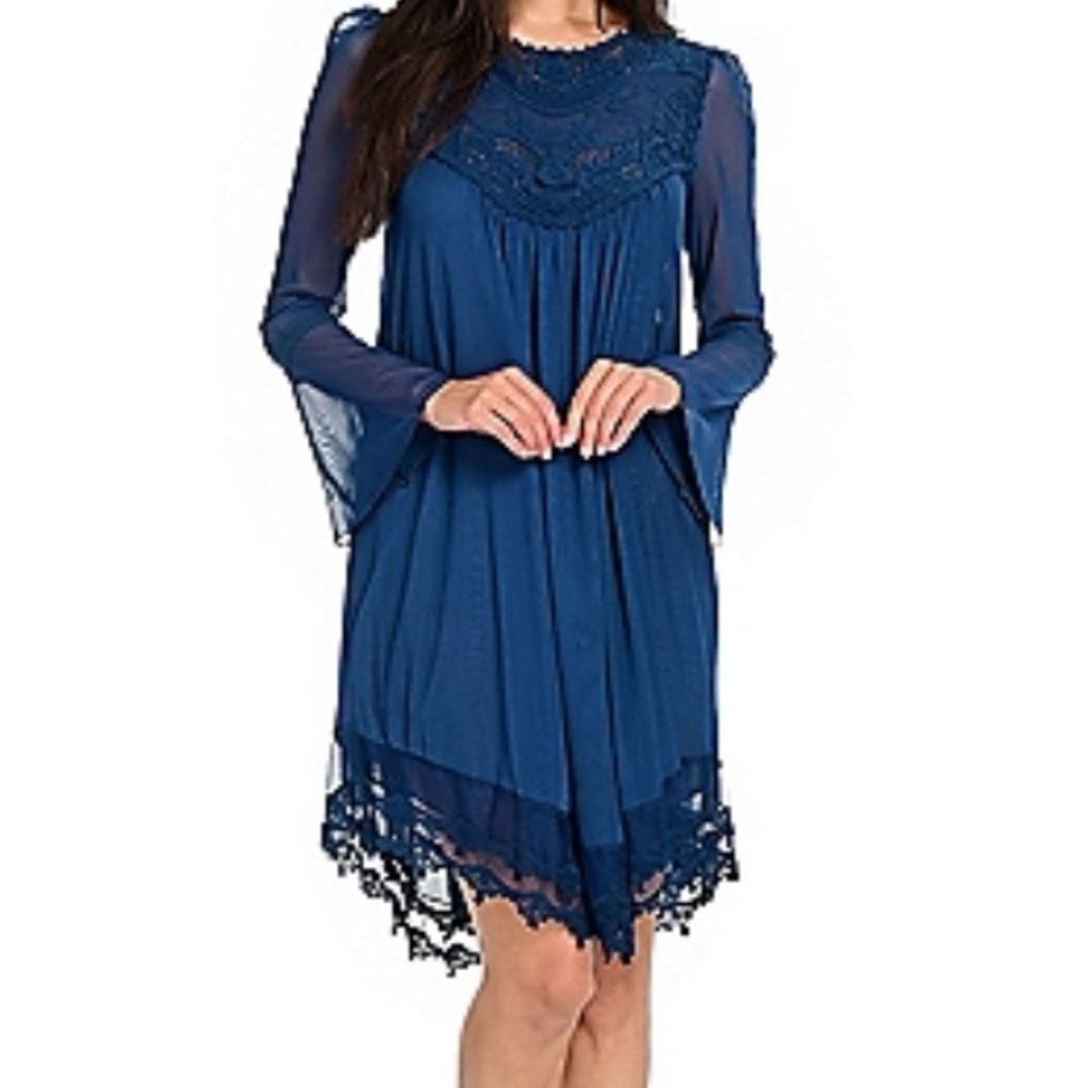 Indigo Thread Co. Crochet & Mesh Long Bell Sleeve Scoop Neck Babydoll Dress